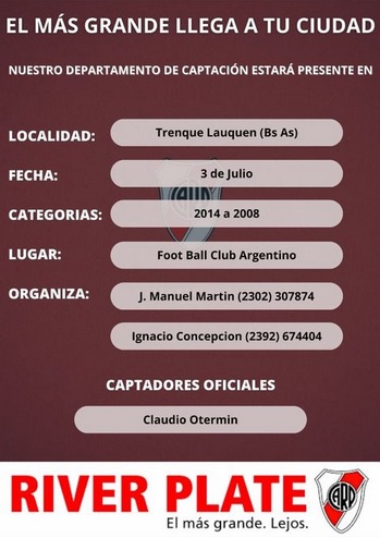 Prueba de Jugadores – River Plate en FBC Argentino el lunes 3 de Julio