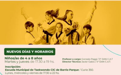 NUEVOS DÍAS Y HORARIOS DE LA ESCUELA MUNICIPAL DE TAEKWONDO OLÍMPICO: MARTES Y JUEVES DE 17.30 A 19
