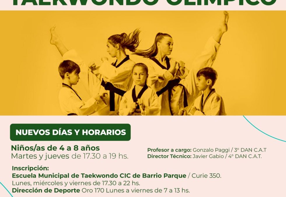 NUEVOS DÍAS Y HORARIOS DE LA ESCUELA MUNICIPAL DE TAEKWONDO OLÍMPICO: MARTES Y JUEVES DE 17.30 A 19