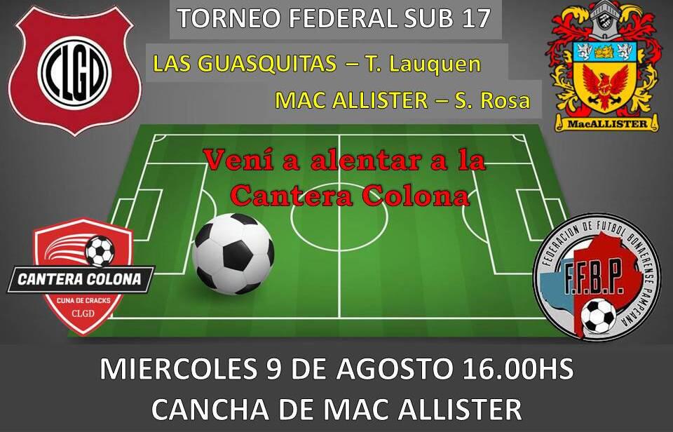 Mañana, miercoles 9, Las Guasquitas juega en Santa Rosa por el Sub 17 de Federacion