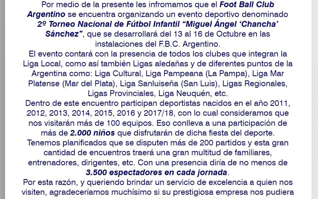 Sarmiento de Junin y River Plate confirmaron participacion 2° Torneo Nacional de Futbol Infantil «Miguel Angel (Chancha) Sanchez». Edicion homenaje Walter Herrera. Continua abierta inscripcion
