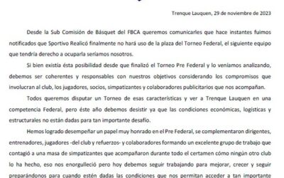 Nota de FBC Argentino Basquet con respecto a la plaza para el Torneo Federal