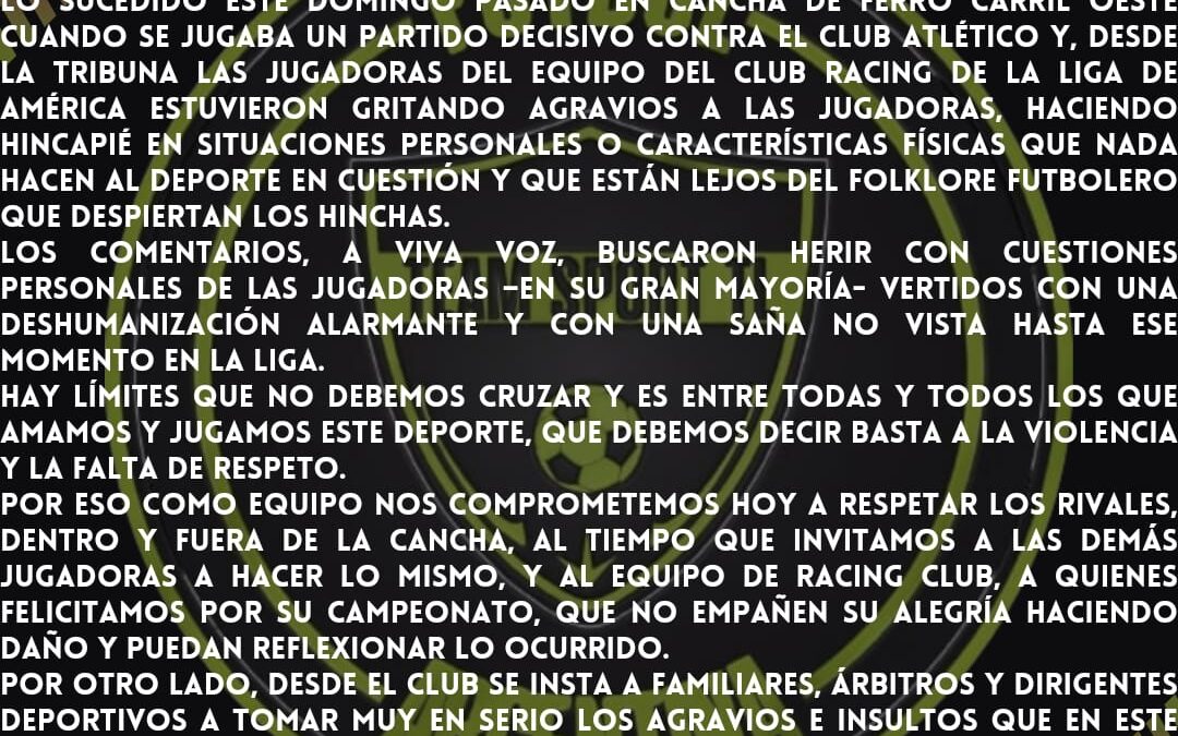 Comunicado de Team Sport TL Femenino repudiando actitudes de jugadoras de Racing de Fortin Olavarria