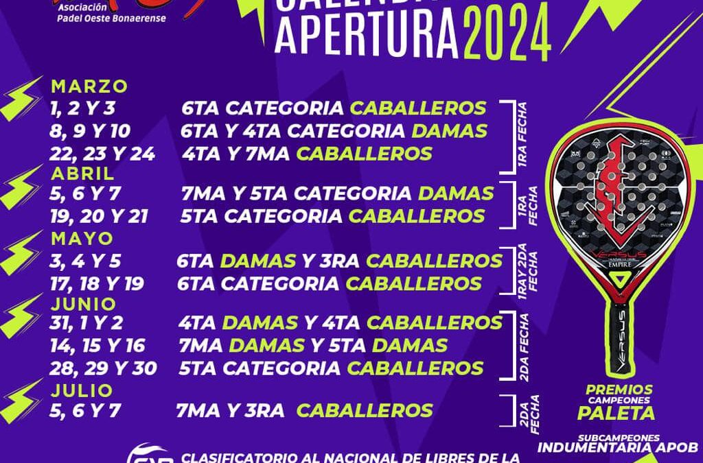 Asociación Padel Oeste Bonaerense – Todas las fechas del torneo apertura APOB 2024
