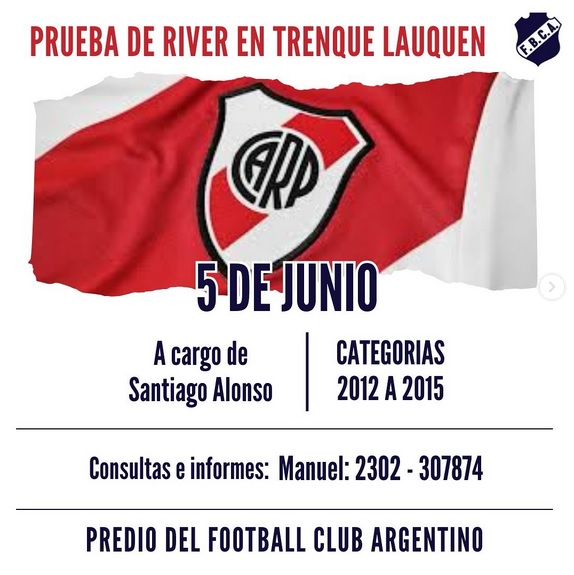 Este Miércoles, 5 de Junio, prueba de jugadores a cargo de Santiago Alonso del Club River Plate para las categorías 2012 a 2015 en el predio de FBC Argentino
