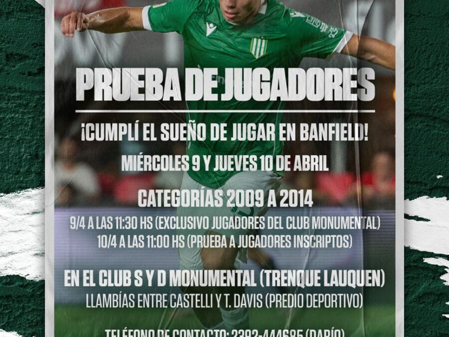 Banfield realizará prueba de jugadores en Monumental. Inscripcion abierta.