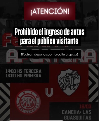Tres Llantas informa que hoy no podran entrar autos en el sector visitante