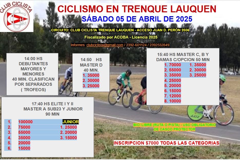 Ciclismo en Trenque Lauquen el sabado 5 de Abril