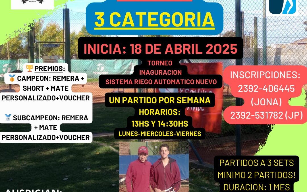 TORNEO LARGO SEMANAL DE TENIS (1 partido por semana) – 3 CATEGORÍAS (INTERMEDIA-SEGUNDA-TERCERA)