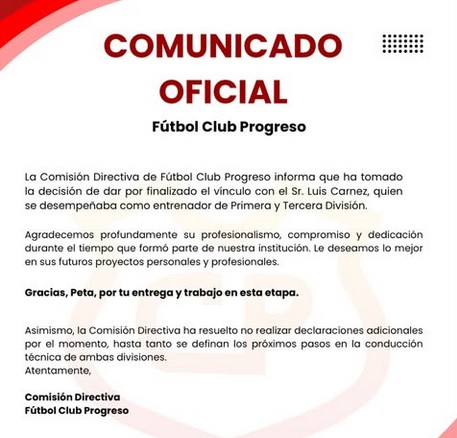 Progreso comunico que Luis Carnez no seguira como DT