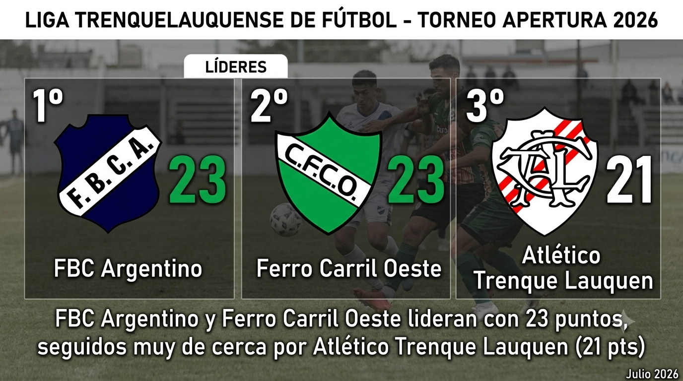 FBC Argentino y Ferro Carril Oeste lideran con 23 puntos, seguidos muy de cerca por Atlético Trenque Lauquen (21 pts)